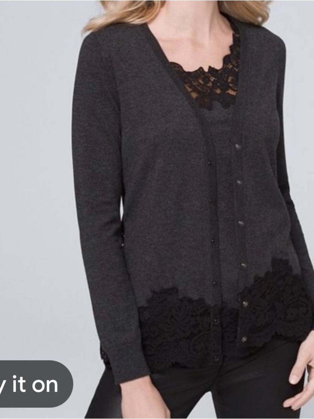 White House Black Market Dark Gray Cardigan with Black Lace Trim